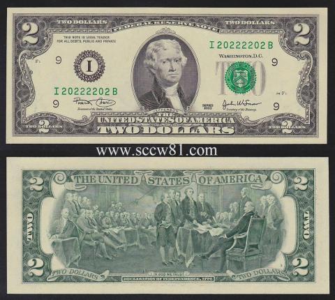 アメリカ2ドル紙幣 2003年銘 I20222202B