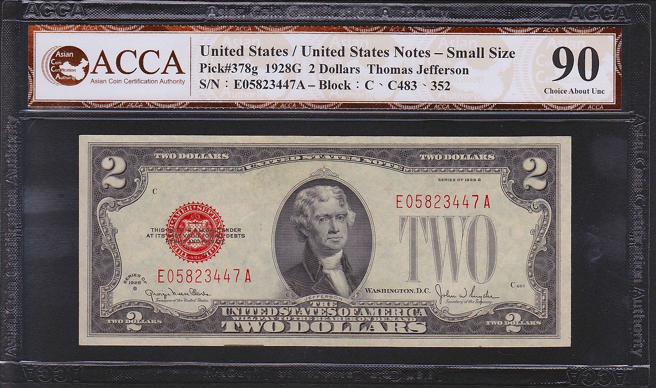 アメリカ紙幣 1928年 2ドルレッドシール ACCA90級 | 収集ワールド