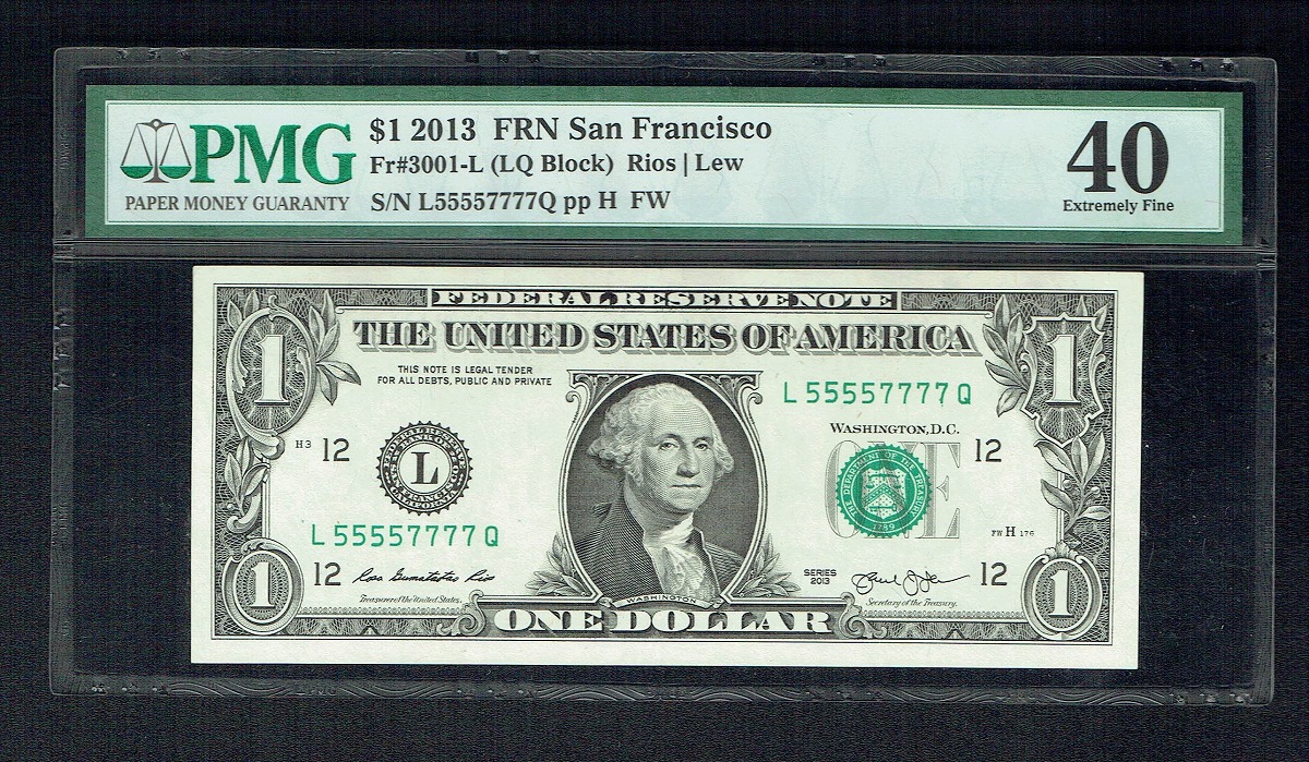 アメリカ紙幣 2013年1ドル 珍版1桁 L55557777Q 鑑定済PMG40級 | 収集 