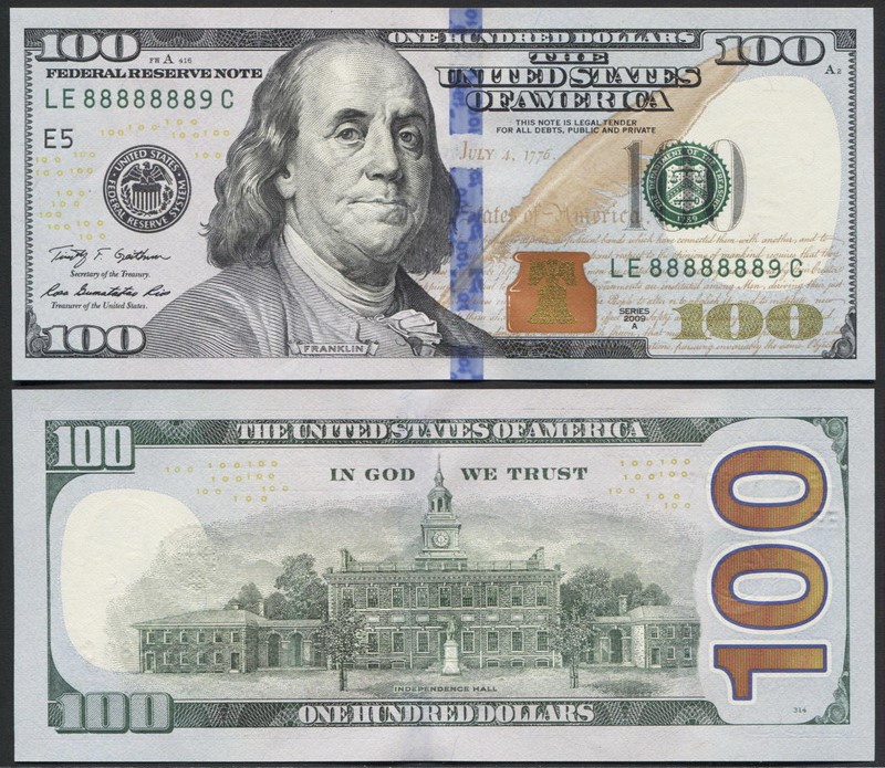 米国2009年 100ドル 準ぞろ目88888889 未使用 | 収集ワールド