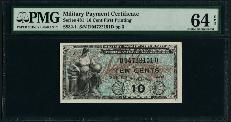 米国軍票10セント 1951年 シリーズNo.481 PMG社鑑定64EPQ | 収集ワールド