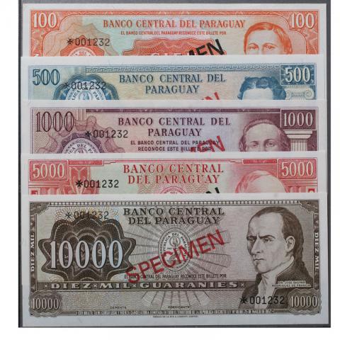 パラグアイ見本券 1982年 100〜10000グアラニー 未使用 5点セット