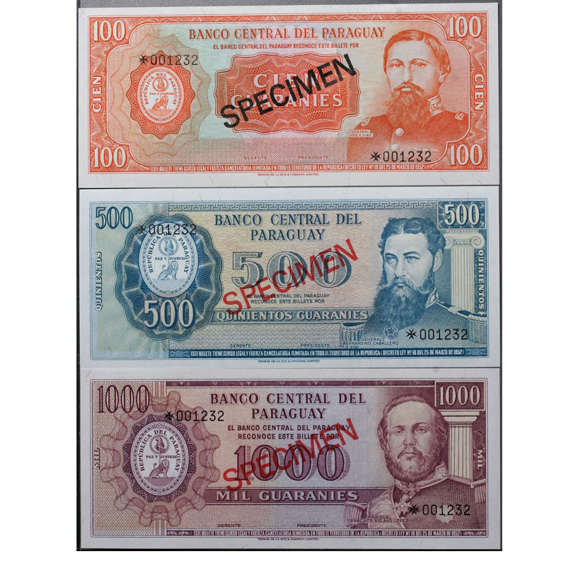 パラグアイ見本券 1982年 100〜10000グアラニー 未使用 5点セット 