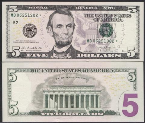 アメリカ レア紙幣　2013年 5ドル スターノート 未使用一枚