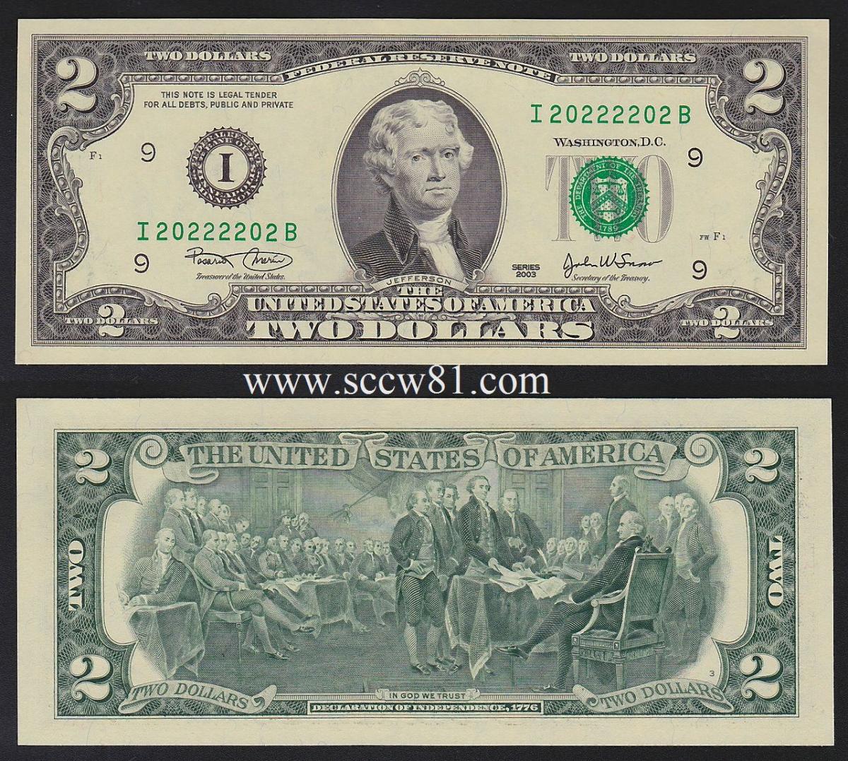 外国紙幣]アメリカ合衆国 旧2ドル紙幣×100枚 計200ドル分 米ドル/US 