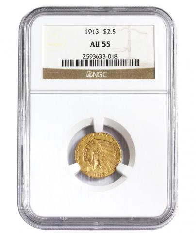 アメリカ金貨 1913年 2.5ドル インディアンヘッド金貨 NGC AU 55鑑定済