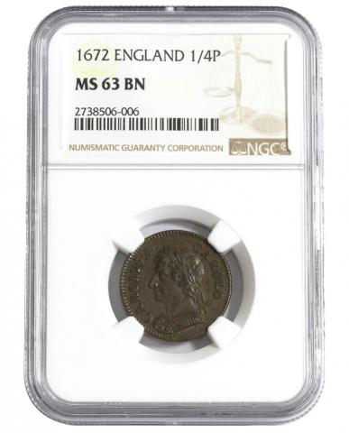イギリス硬貨 1672年 1/4P NGC社MS63BN 鑑定済