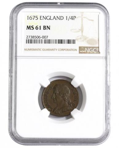 イギリス硬貨 1675年 1/4P NGC社鑑定済 MS61BN