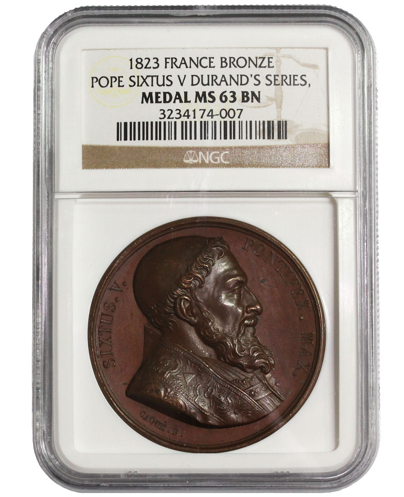 フランス教皇メダル 1823年 シクストゥス5世ブロンズ NGC MS 63 BN評価 