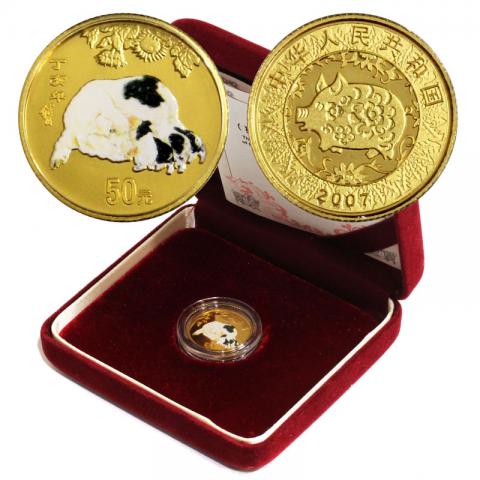 中国 50元金貨 2007年 1/10オンス 豚の年 彩色プルーフ金貨 未使用