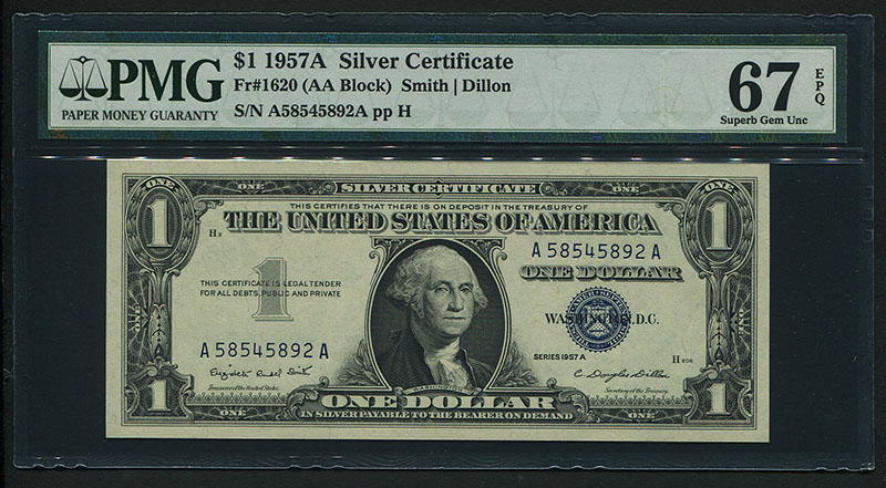 アメリカ紙幣 1957年A 1ドルAA記号 PMG67EPQ