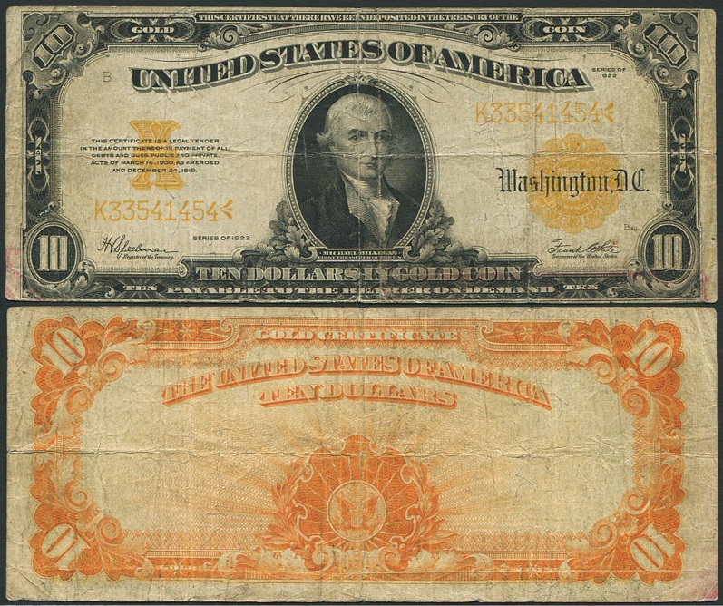 アメリカ紙幣 1922年10ドル GOLD CERTIFICATEラージサイズ 美品