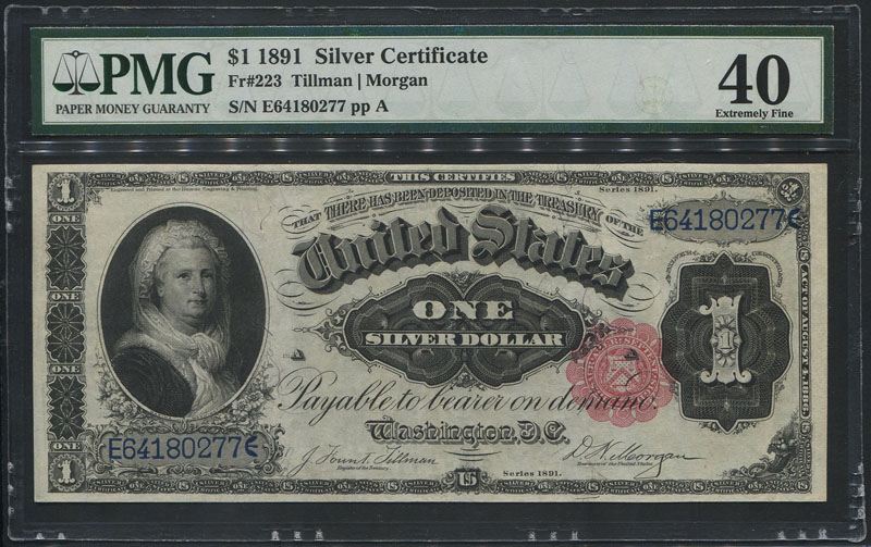 米国 1ドル・マーサ・ワシントン 1891年 Silver Certificate PMG40