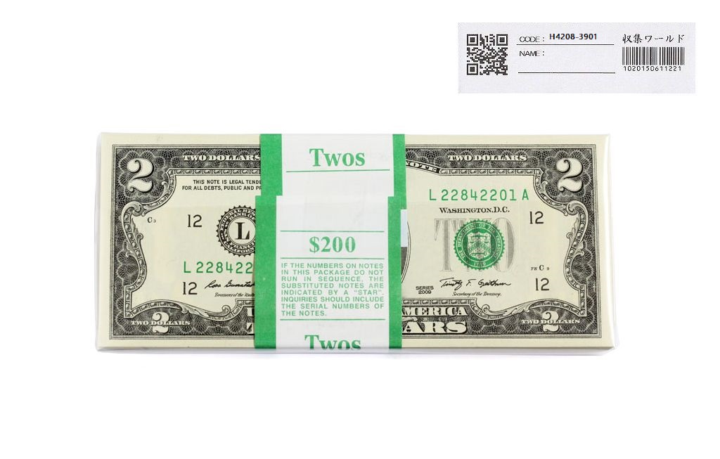 アメリカ 2ドル紙幣 2009年銘 L22842201A〜100枚連番束 完未品