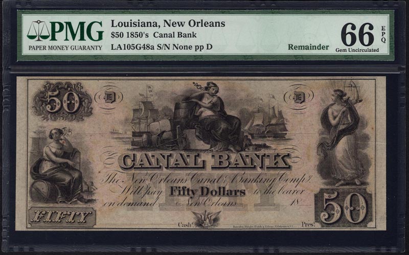 米国 50ドル 1850年代 ニューオーリンズ 希少 CANAL BANK発行 PMG66EPQ