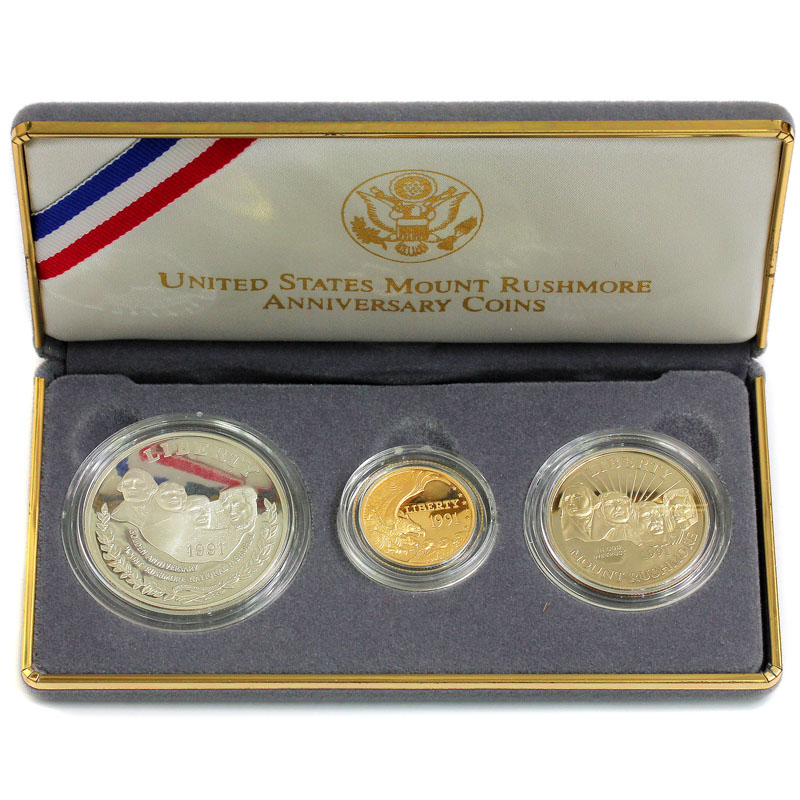 USA1991年ラシュモア50周年記念 金銀銅プルーフ3枚セット