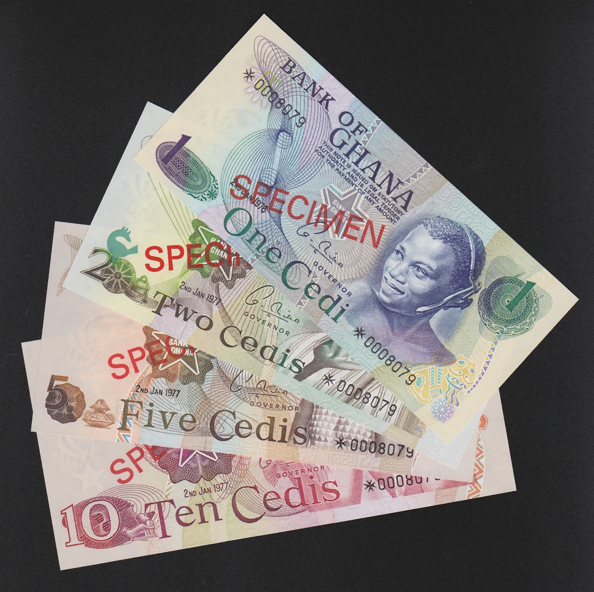 アフリカ紙幣 ガーナ 1,2,5,10Cedi 見本券 計4枚組