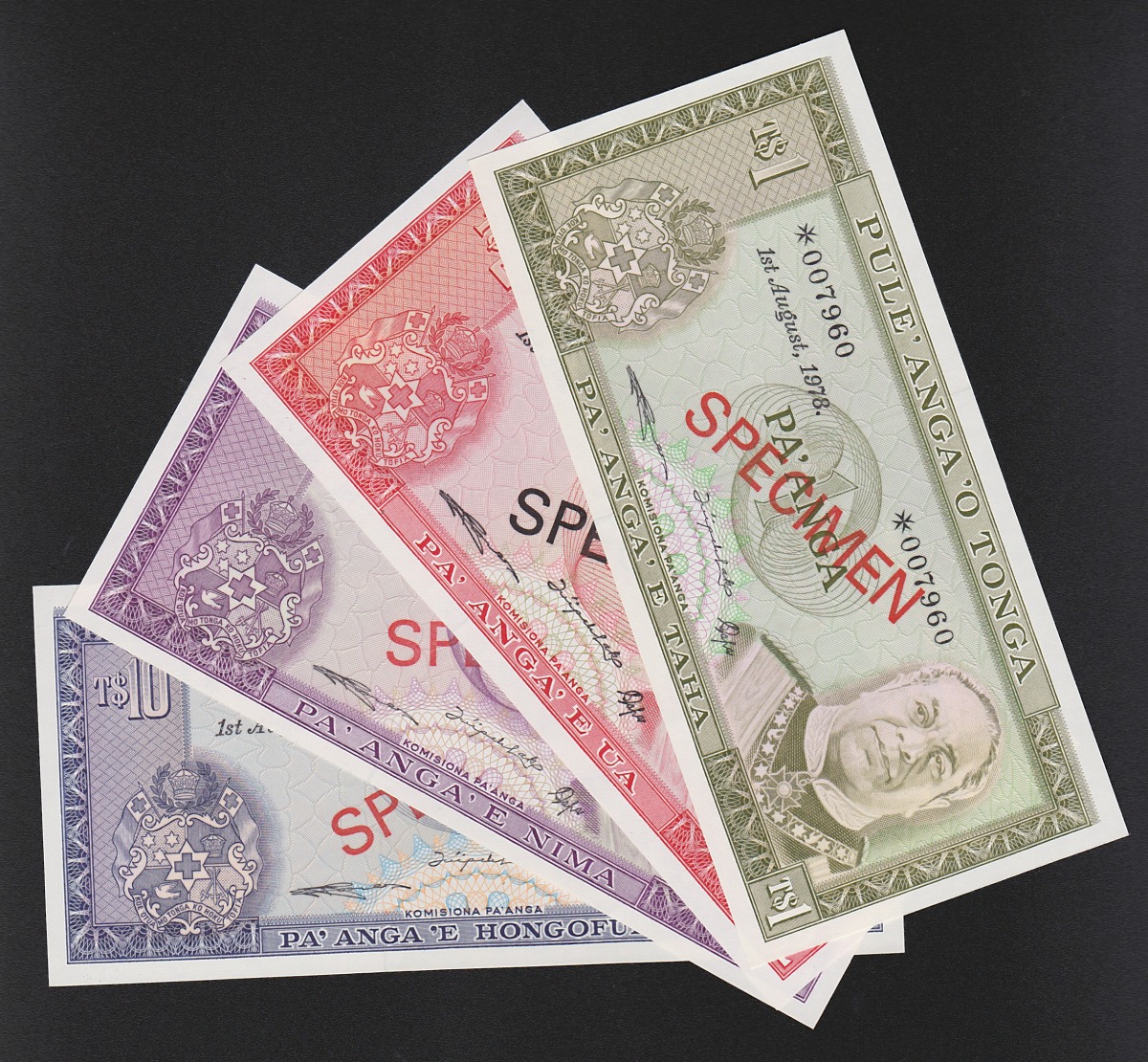 アフリカ紙幣 トンガ 1978年 1,2,5,10Paanga 計4枚組/見本券