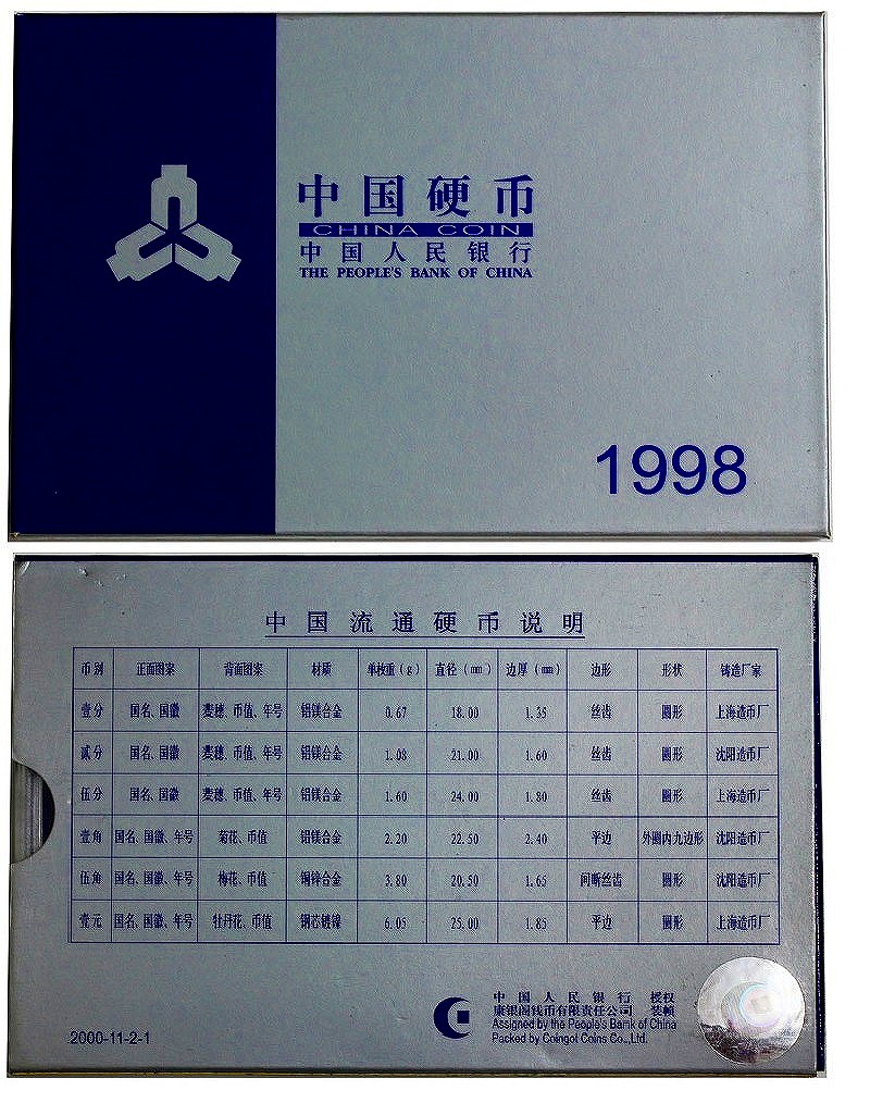 中国コイン　1998年　ミント6枚セット