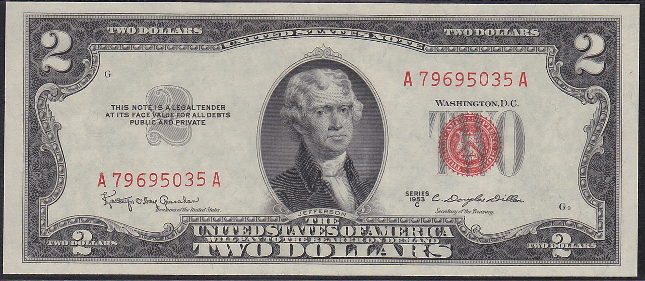USA 1953年銘　2ドル  レッドシールA-A券 未使用品一枚