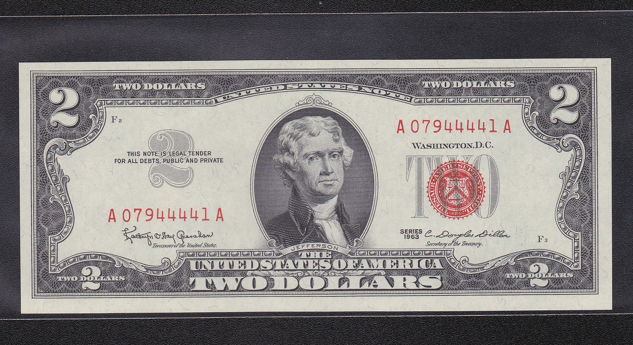 アメリカ 2ドル紙幣 1963年銘 レッドシール Aロット 完未品