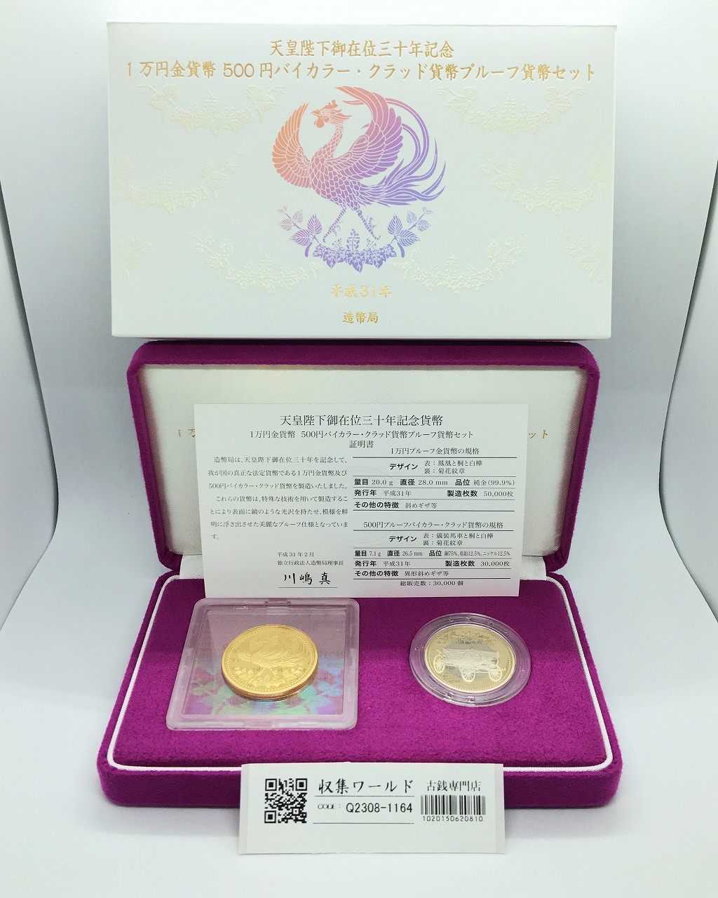 天皇陛下御在位十年記念 1万円金貨幣・500円白銅貨幣プルーフ貨幣セット H31年 完未