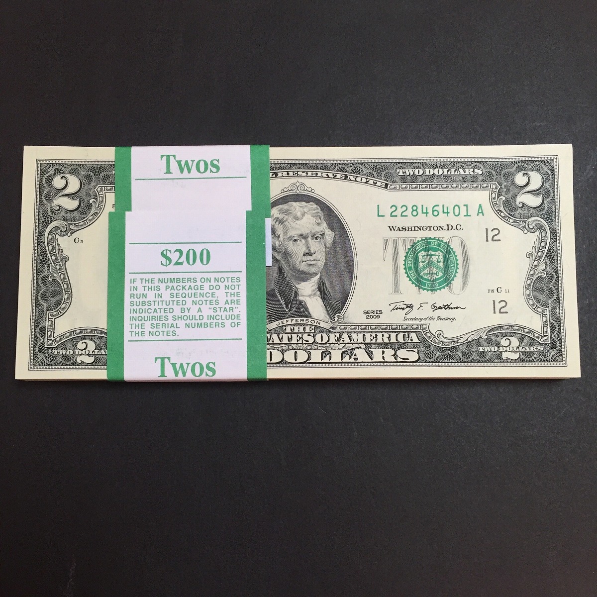 米国 2009年、幸運の2ドル紙幣 100枚ピン札